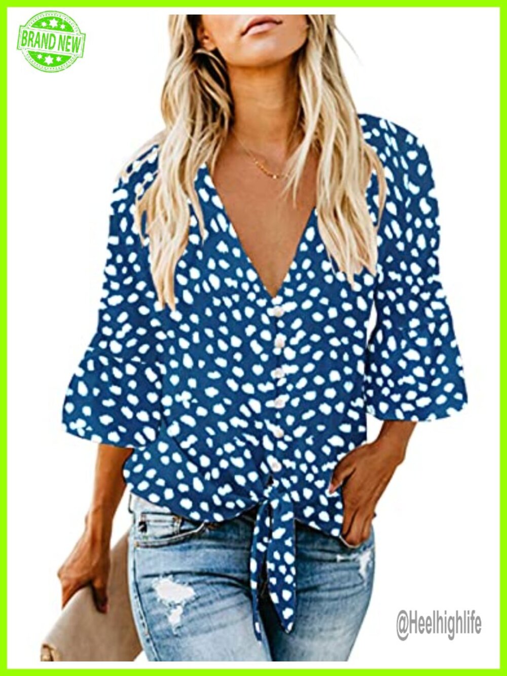 Womens Chiffon Button Down V Neck Tie Knot Blouse 3/4 Ruffle Sleeve